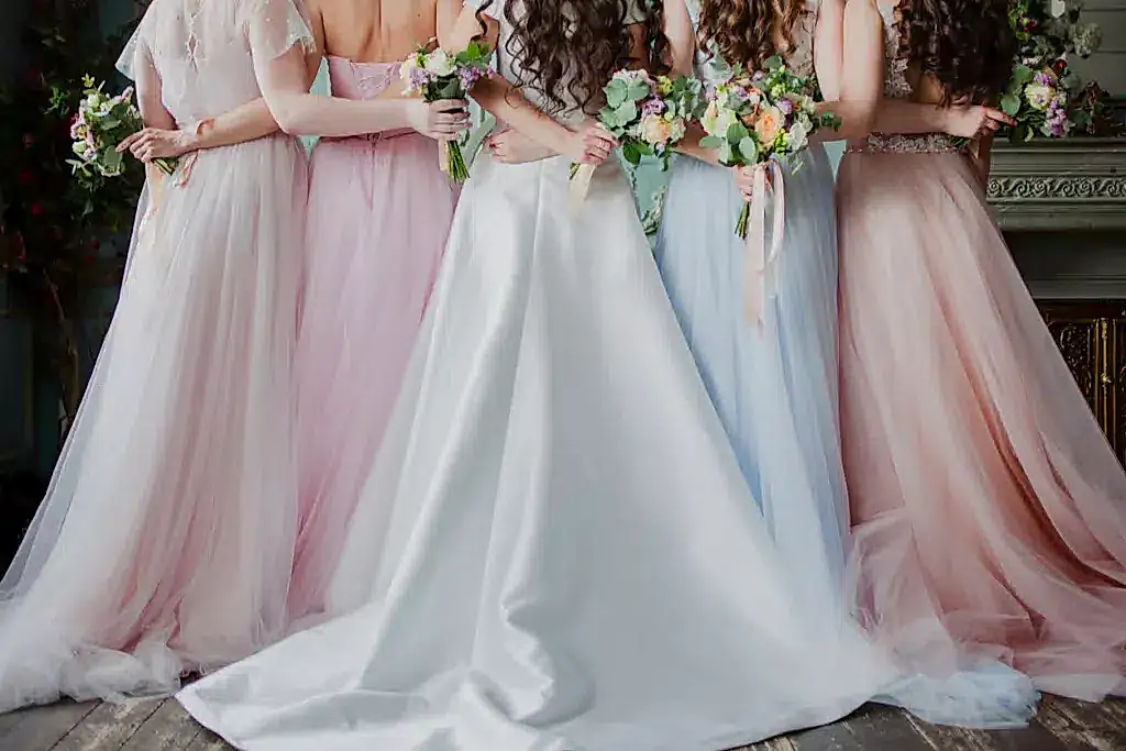 Beautiful young bridal party. A wedding celebration, ladies in splendid dresses. Back view.